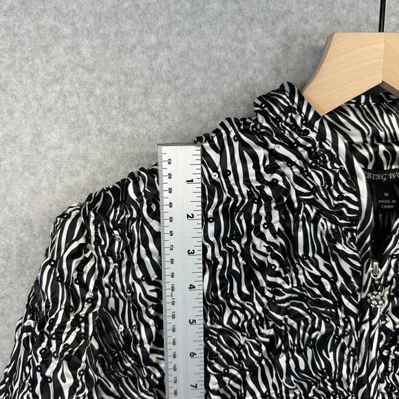 Adressing Jacket Womens Medium Black White Zebra Print Sequins Crinkle Embellish - Picture 10 of 14